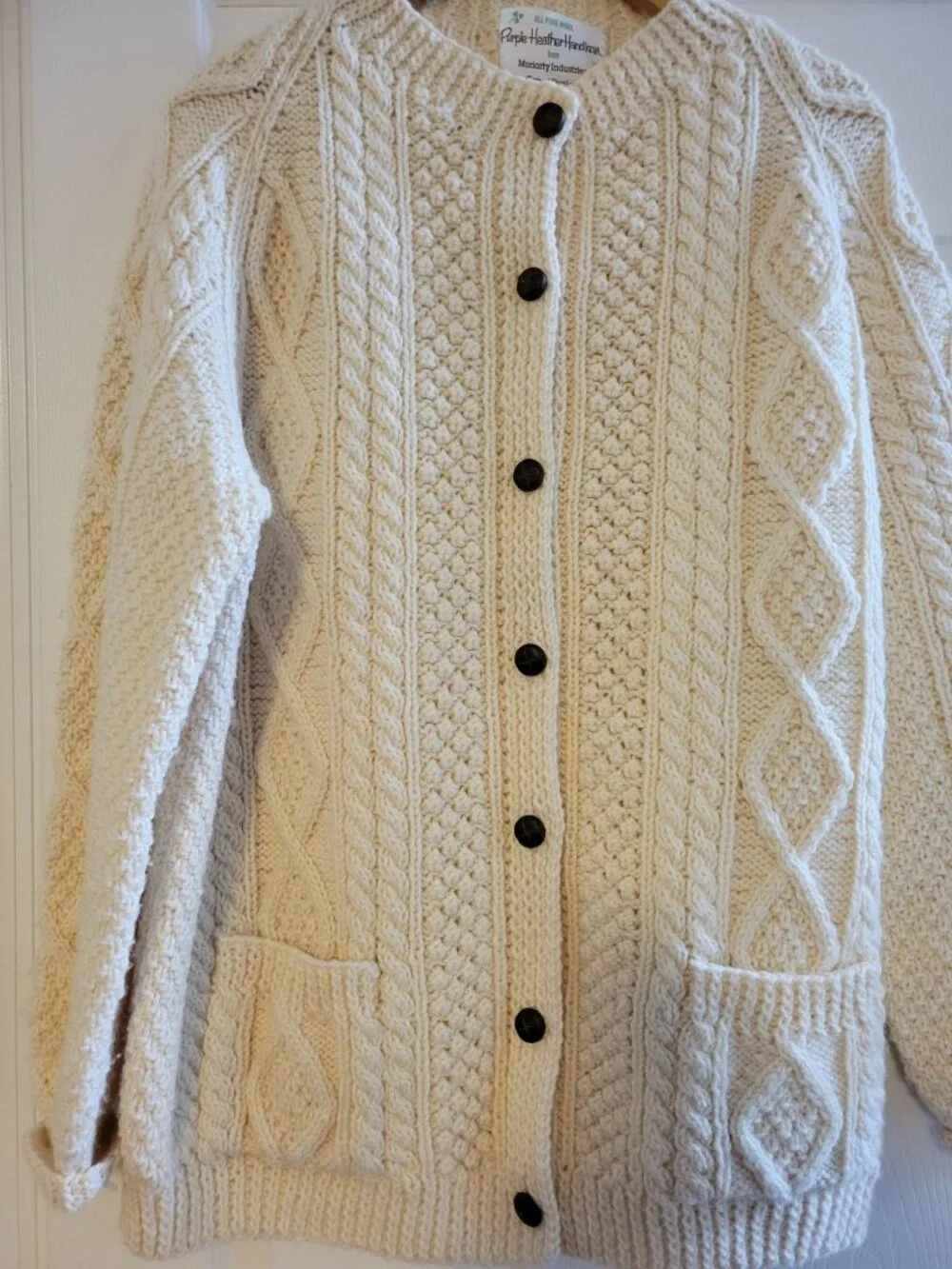 Irish Knit Womens Fishermen Cream Wool Cable Sweater knit button front Handknit